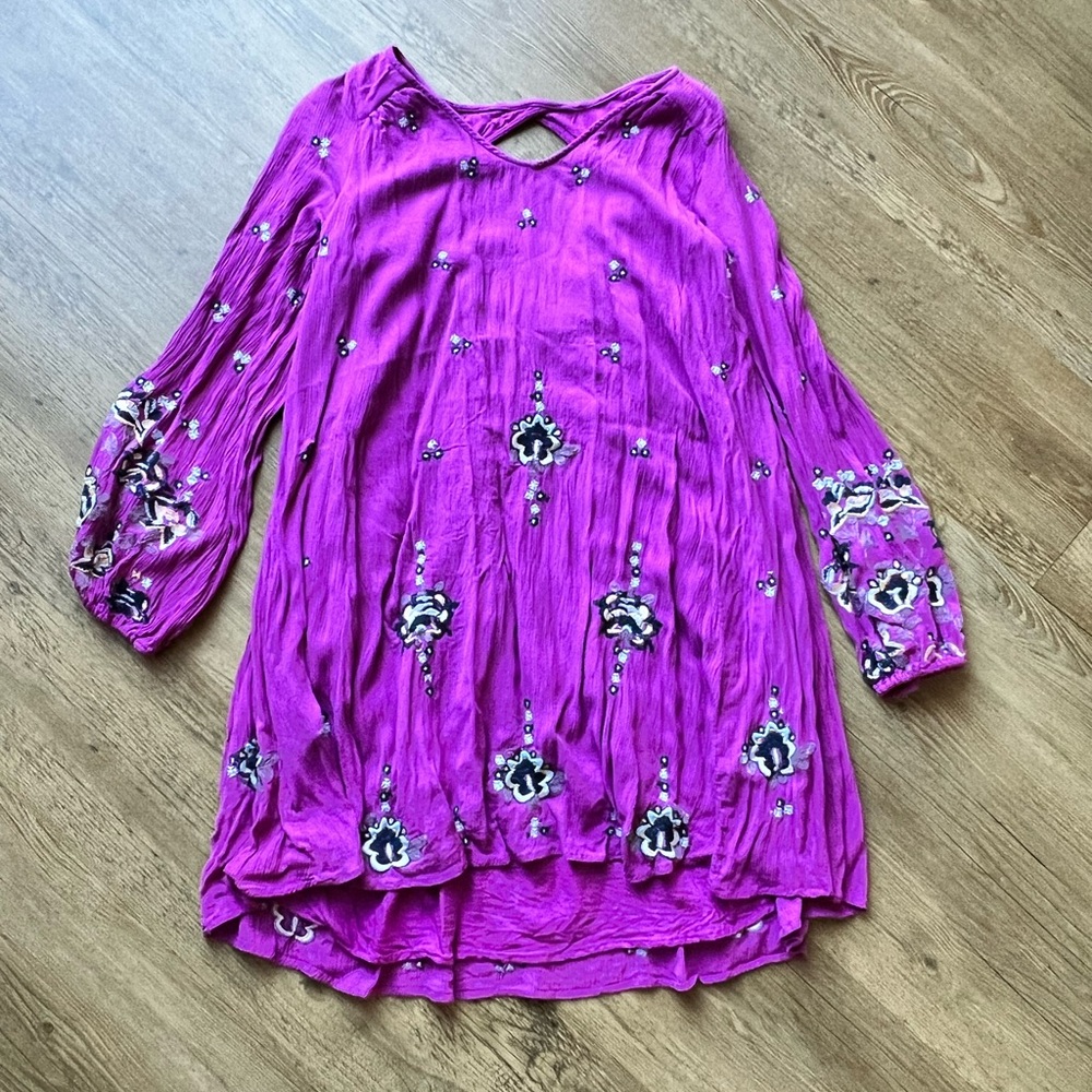 Free People Womens Embroidered Open Back Babydoll Dress Purple M